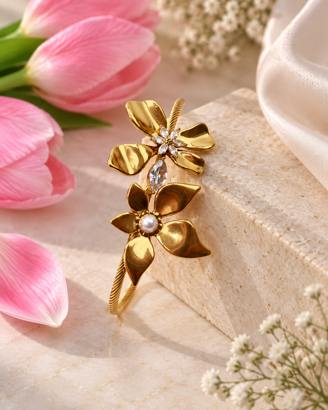 Double Flower Cable Cuff full view - Maxiblink