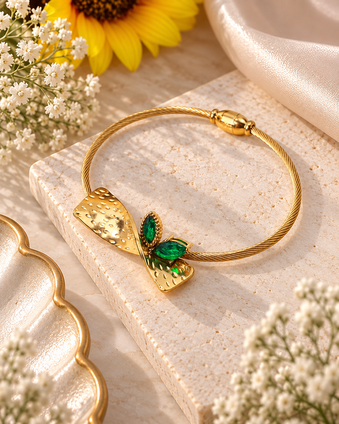 Green Stone Ribbon Cuff styling view - Maxiblink
