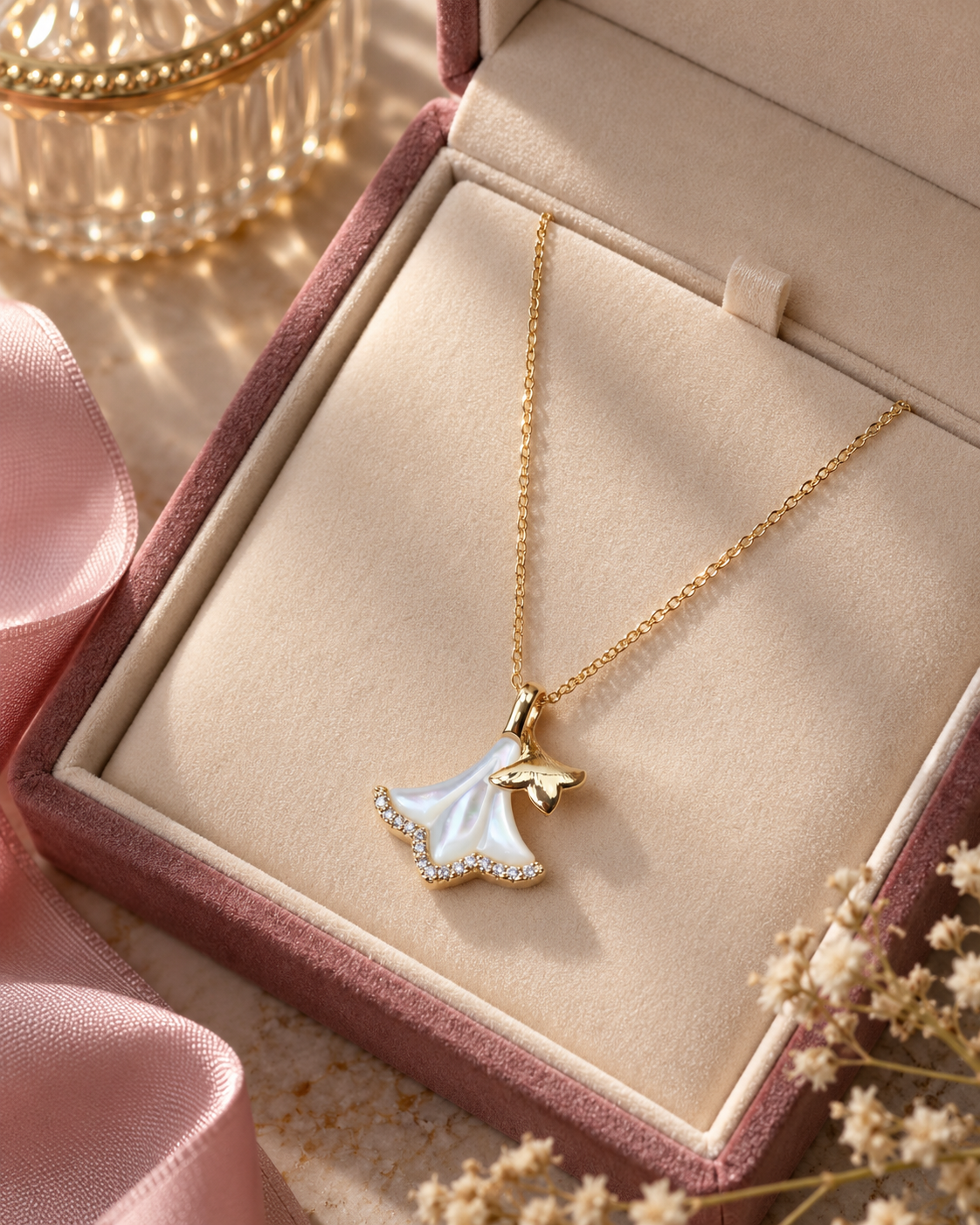 Mother of Pearl Flower Pendant Necklace styling view - Maxiblink