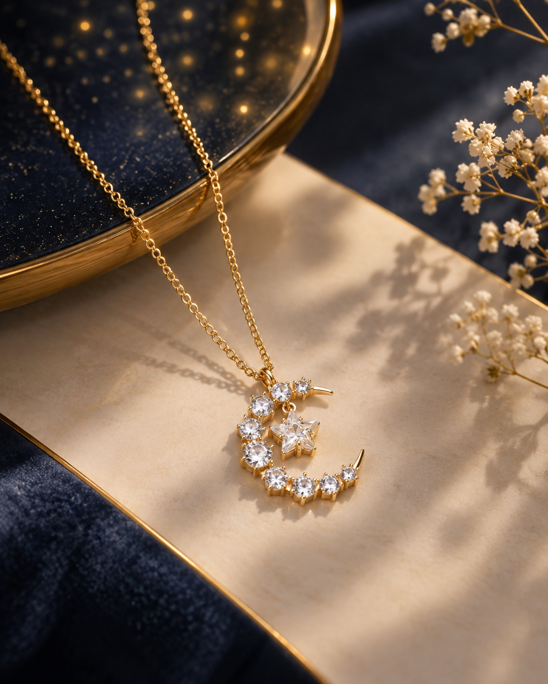 Celestial Moon & Star Pendant Necklace styling view - Maxiblink