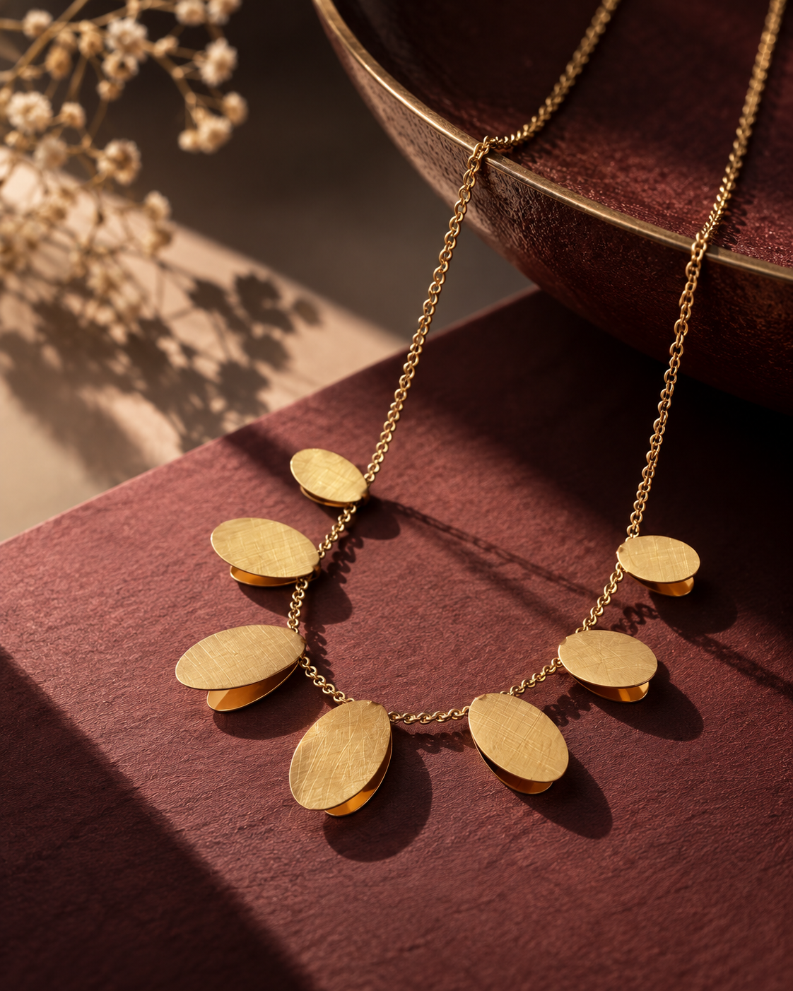 Brushed Gold Disc Dangle Necklace full view - Maxiblink