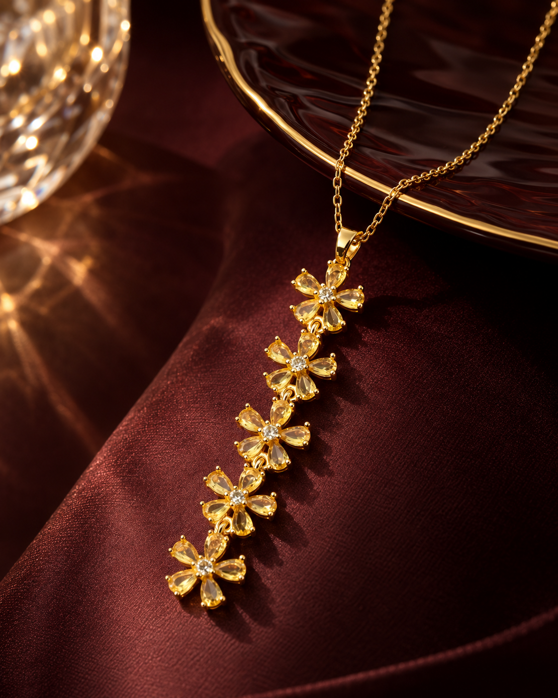 Citrine Crystal Flower Cascade Necklace styling view - Maxiblink