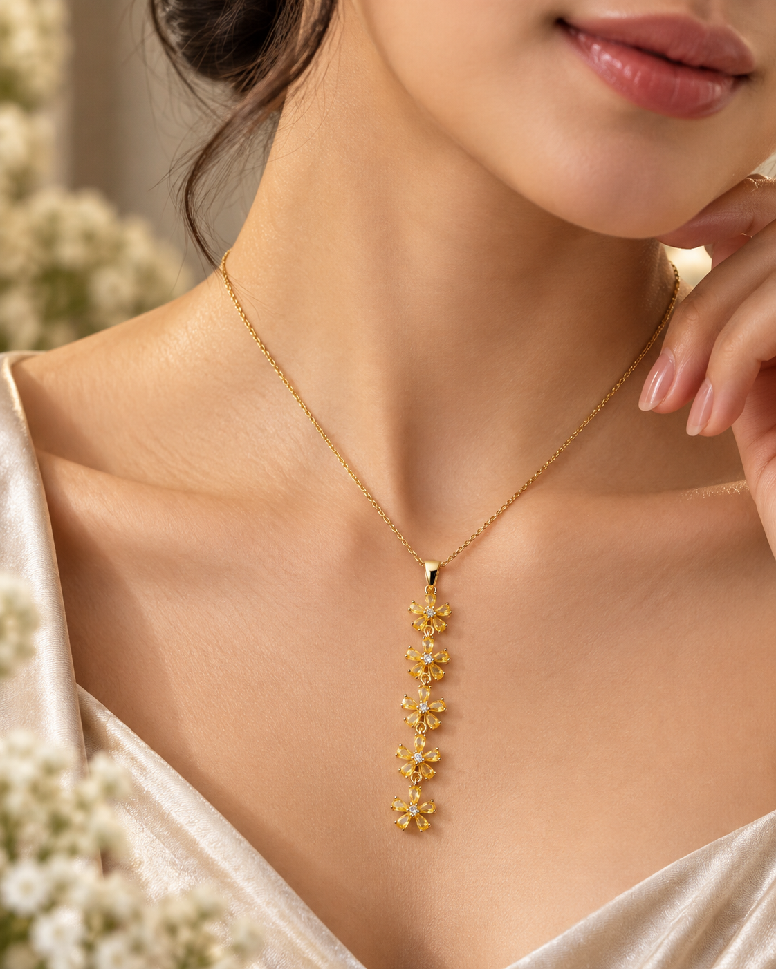 Citrine Crystal Flower Cascade Necklace - anti-tarnish pendant necklace - Maxiblink