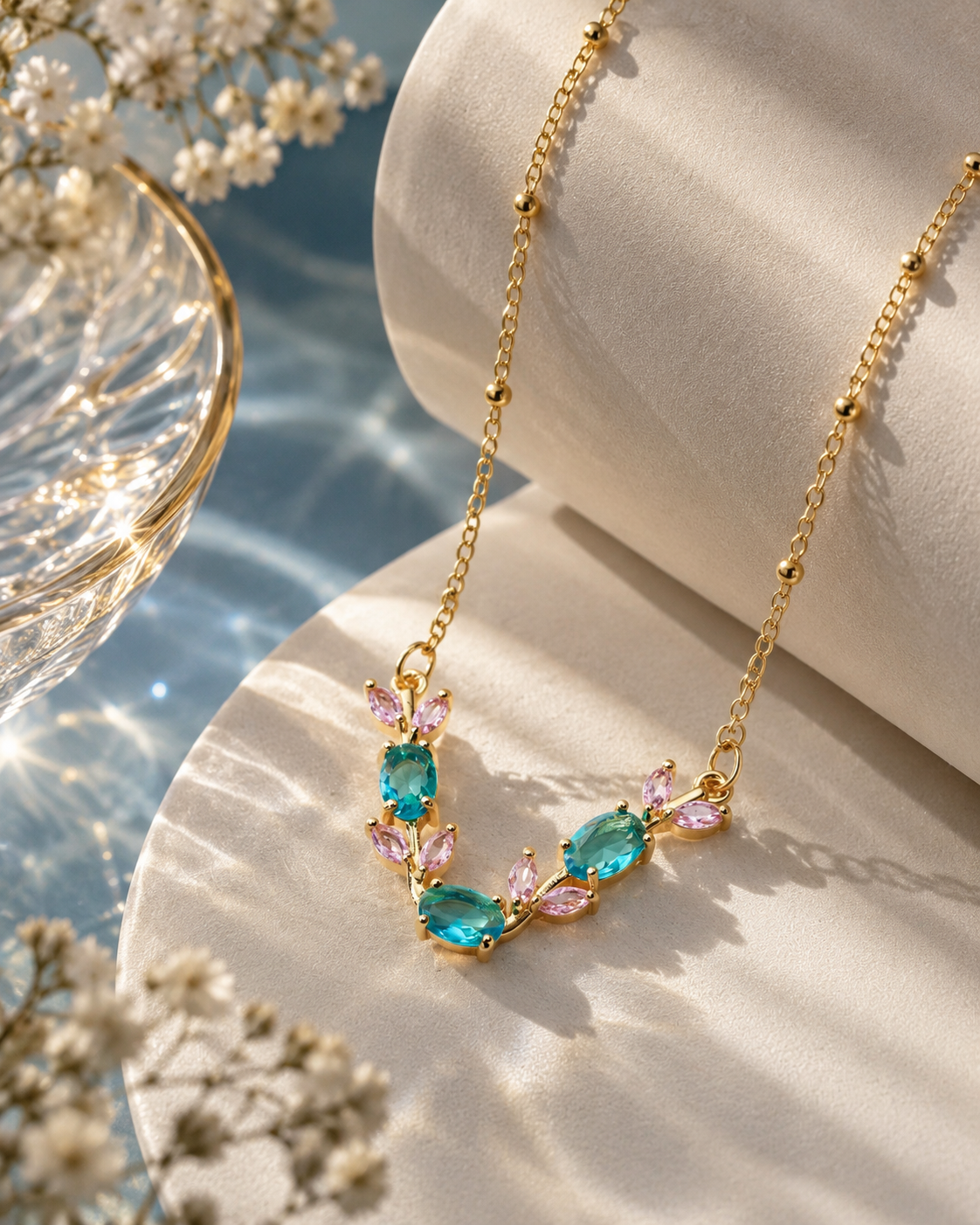 Teal & Pink Crystal Vine Pendant Necklace styling view - Maxiblink