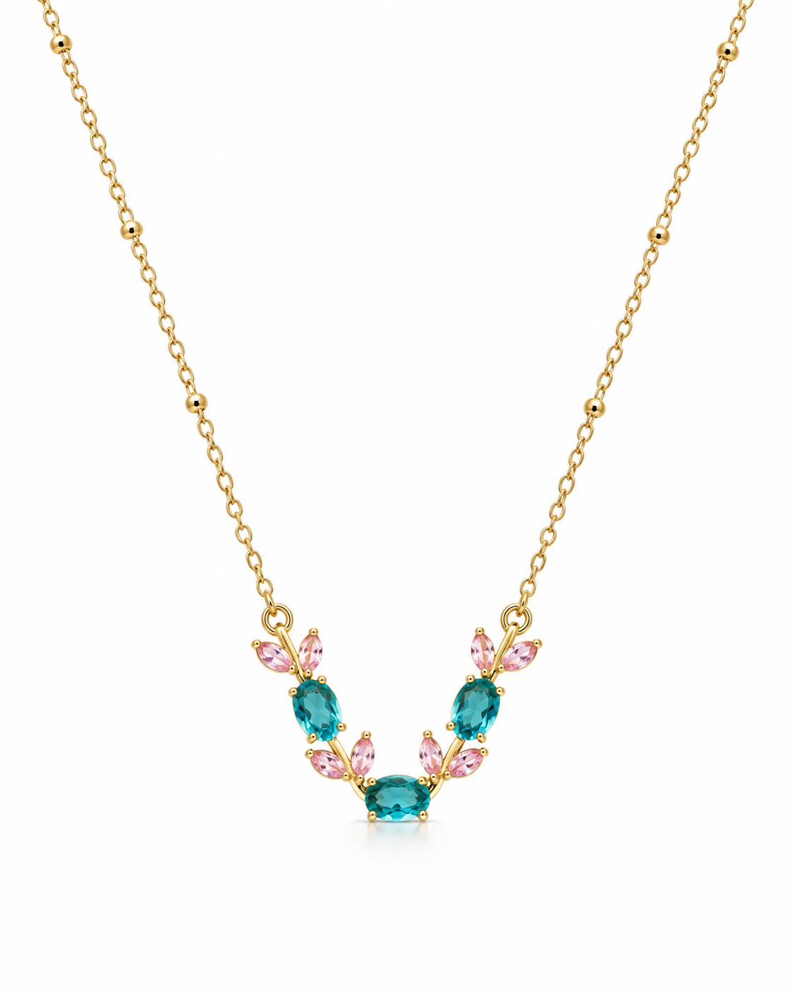 Teal & Pink Crystal Vine Pendant Necklace close-up detail - Maxiblink