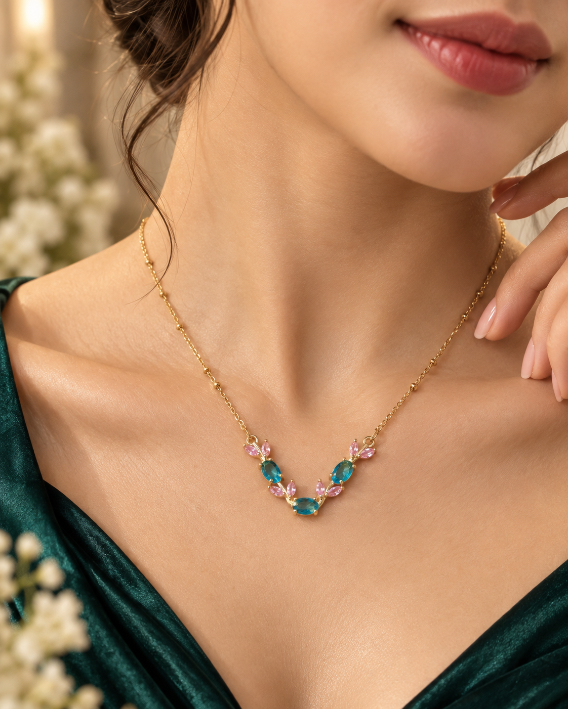 Teal & Pink Crystal Vine Pendant Necklace - anti-tarnish pendant necklace - Maxiblink