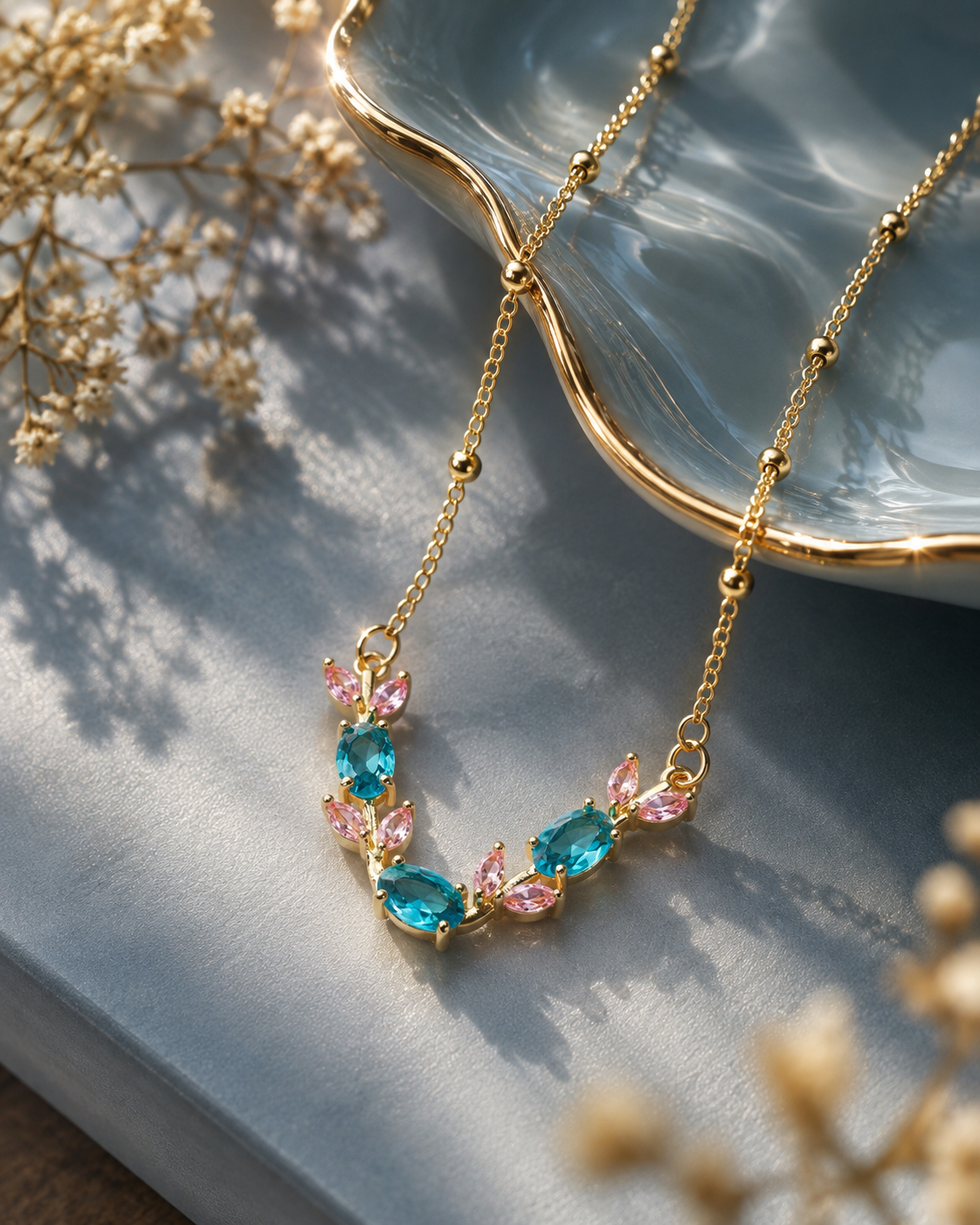 Teal & Pink Crystal Vine Pendant Necklace full view - Maxiblink