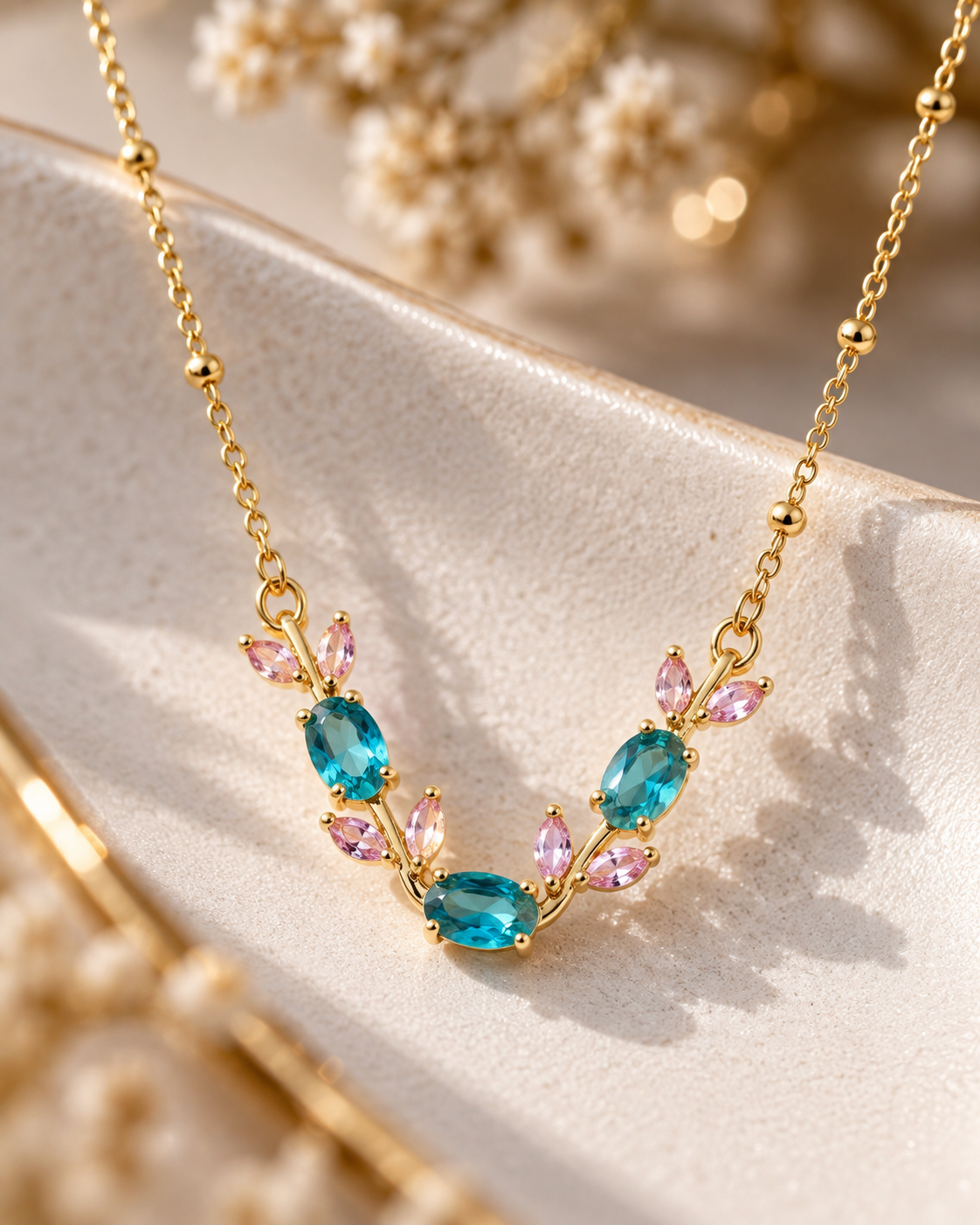 Teal & Pink Crystal Vine Pendant Necklace alternate angle - Maxiblink