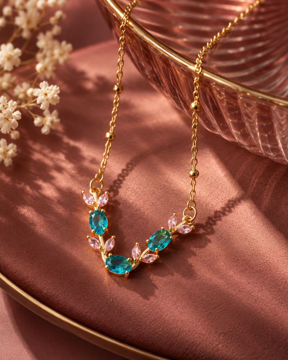 Teal & Pink Crystal Vine Pendant Necklace product photo - Maxiblink