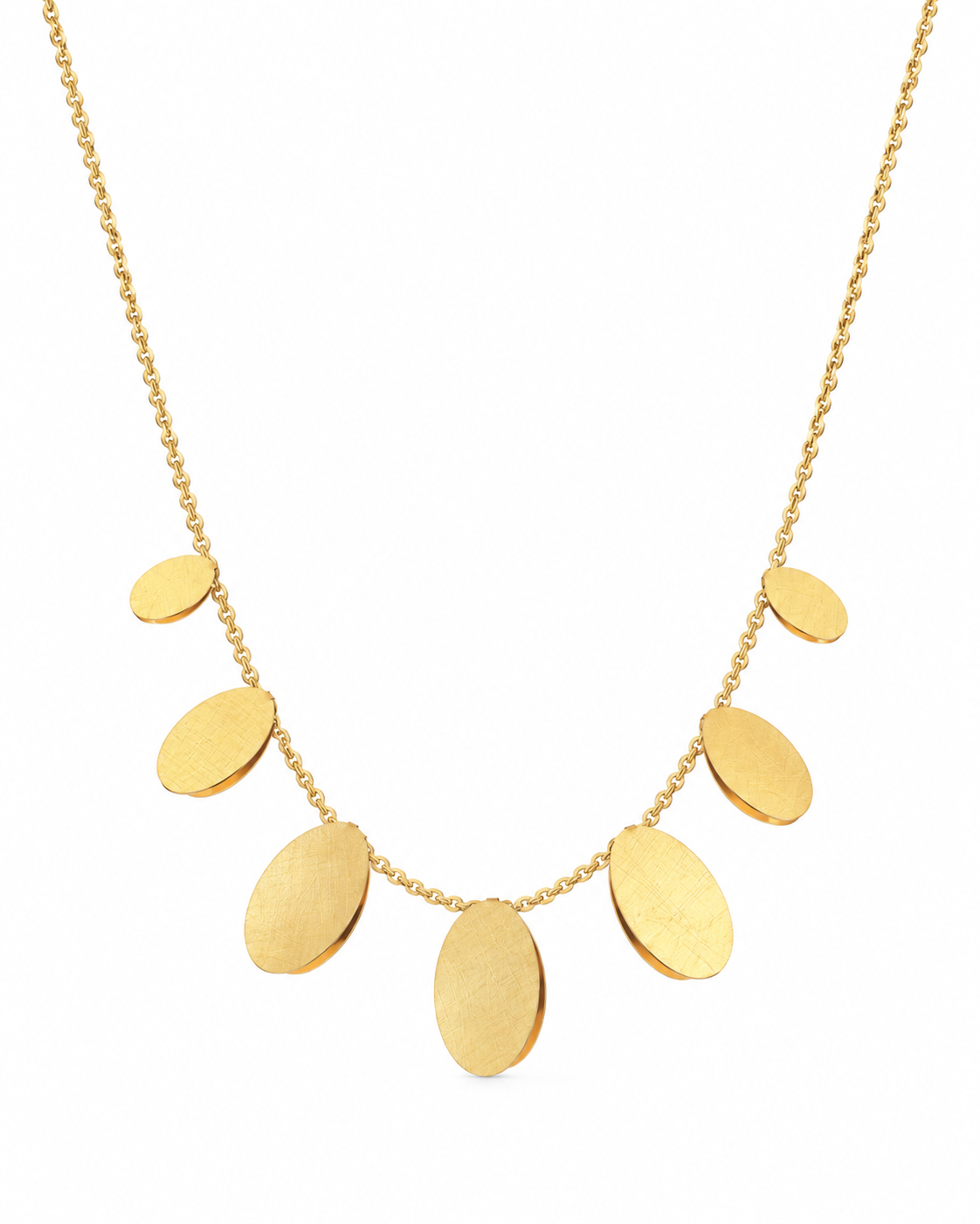 Brushed Gold Disc Dangle Necklace close-up detail - Maxiblink
