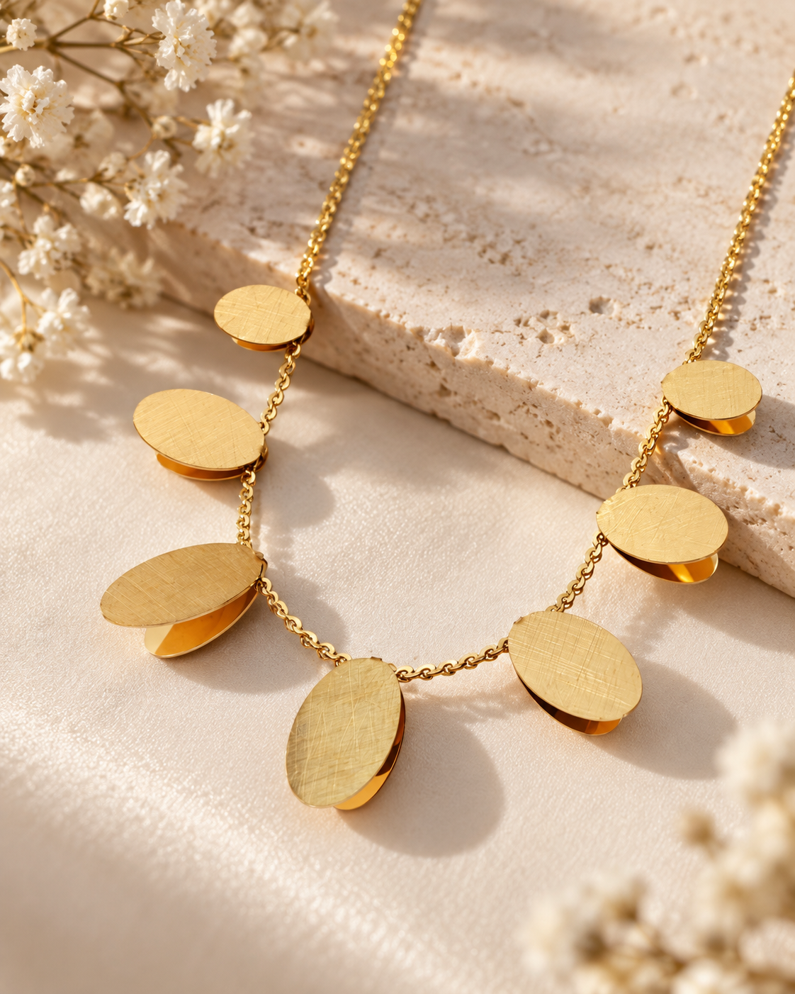 Brushed Gold Disc Dangle Necklace alternate angle - Maxiblink