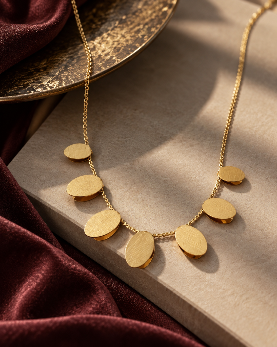 Brushed Gold Disc Dangle Necklace styling view - Maxiblink