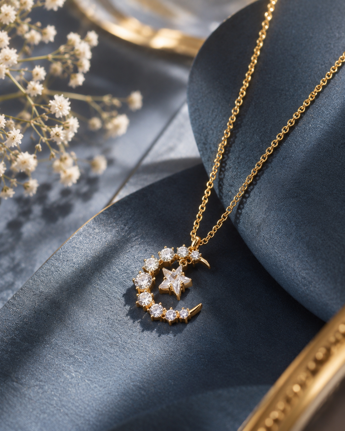 Celestial Moon & Star Pendant Necklace full view - Maxiblink