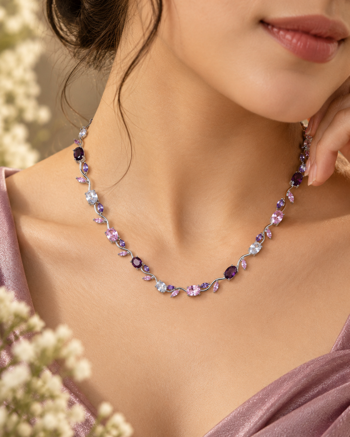 Multi-Stone Wave Necklace - anti-tarnish pendant necklace - Maxiblink