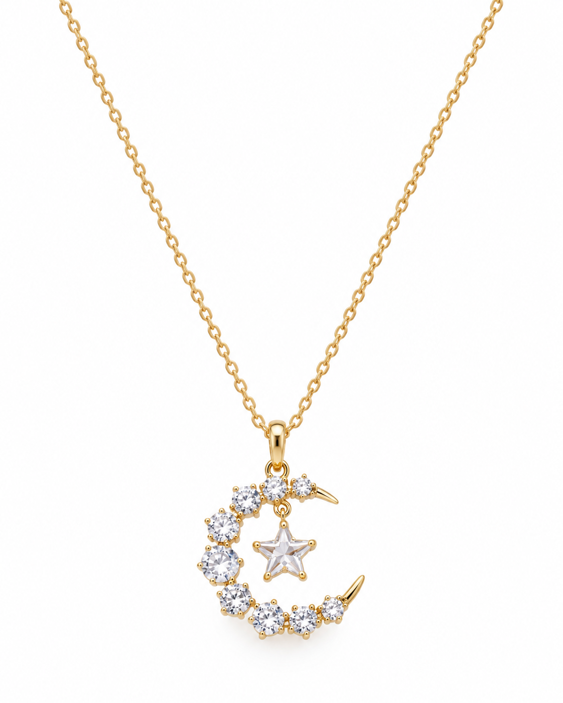 Celestial Moon & Star Pendant Necklace close-up detail - Maxiblink