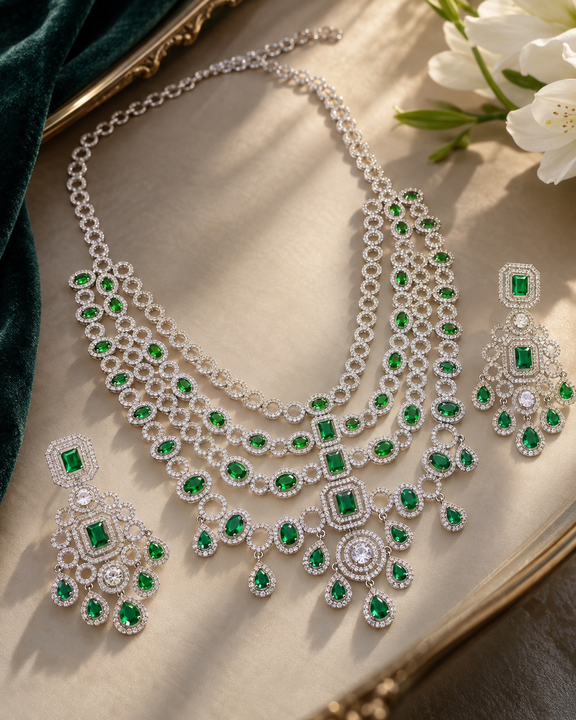 Emerald Layered American Diamond Chandelier Necklace Set