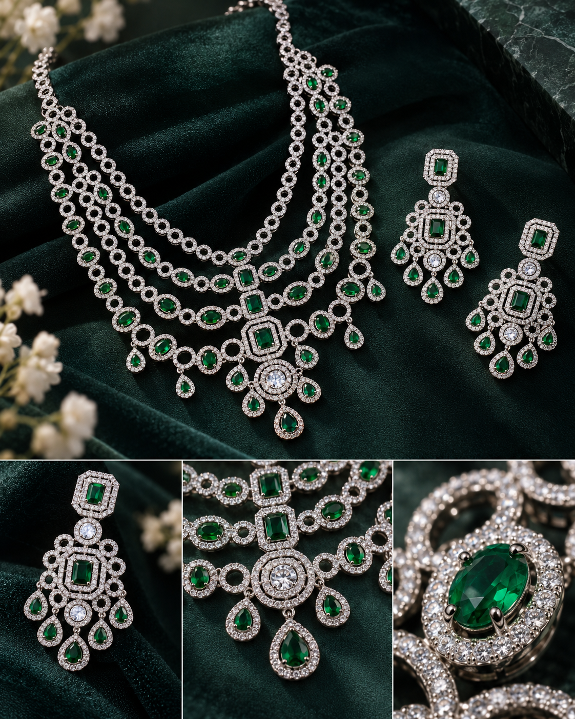 Emerald Layered American Diamond Chandelier Necklace Set