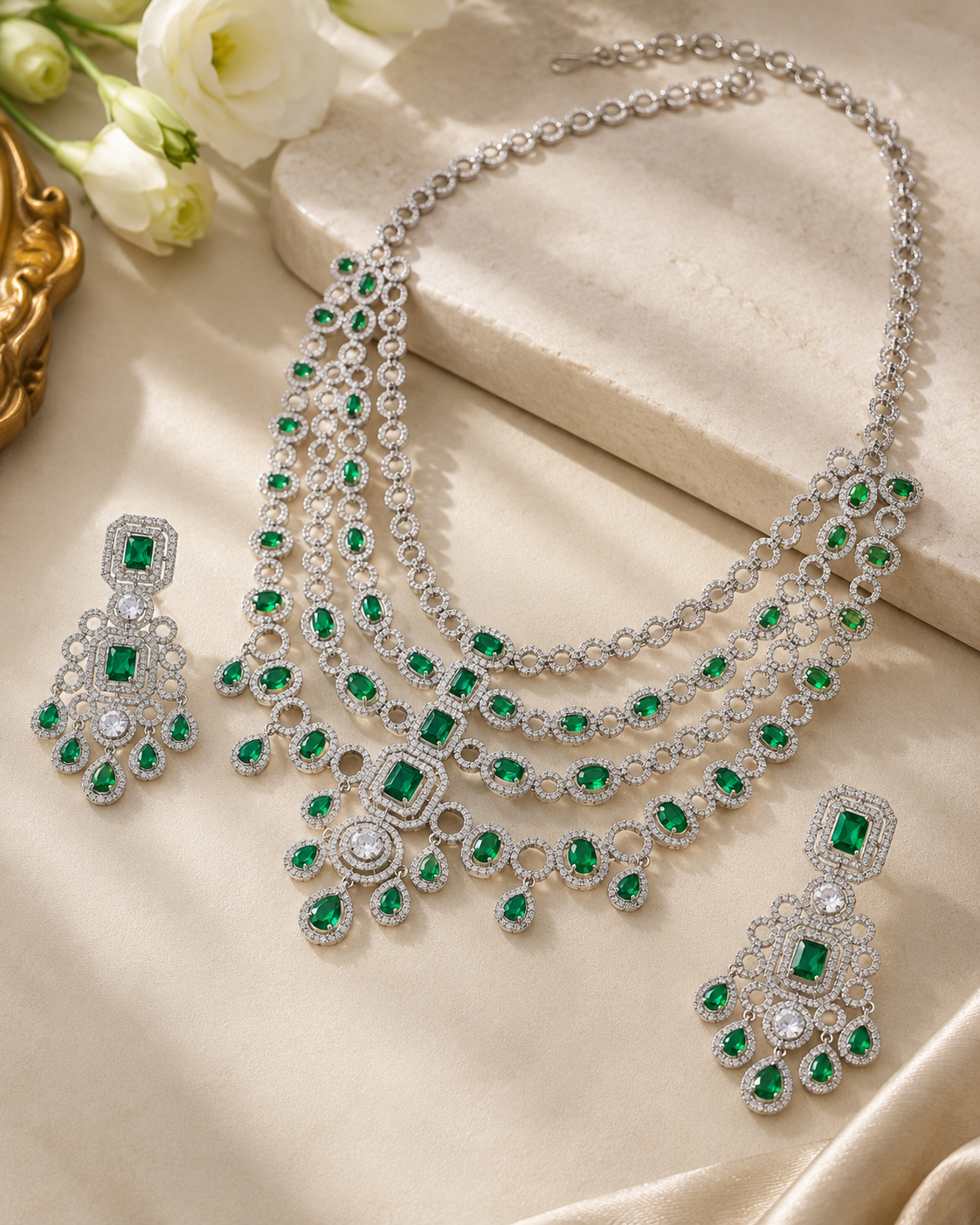 Emerald Layered American Diamond Chandelier Necklace Set