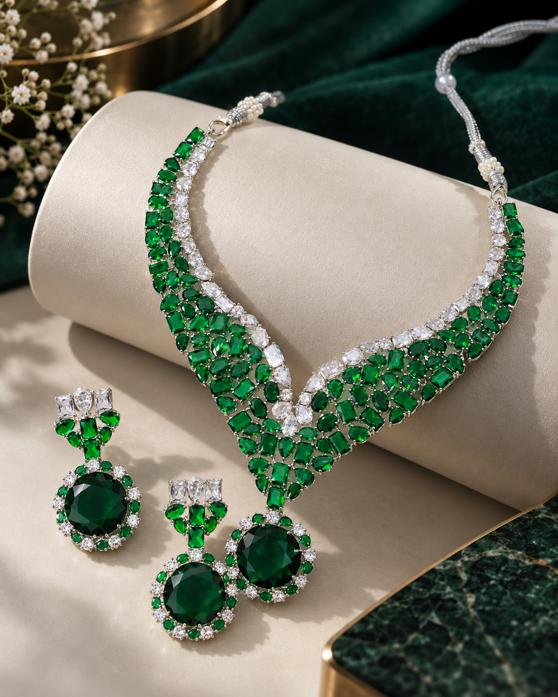 Emerald Radiance American Diamond Statement Necklace Set