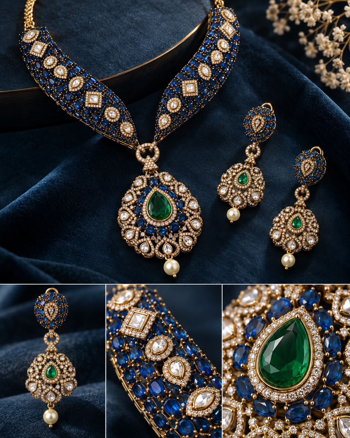 Sapphire Emerald Heritage Gold-Plated American Diamond Necklace Set