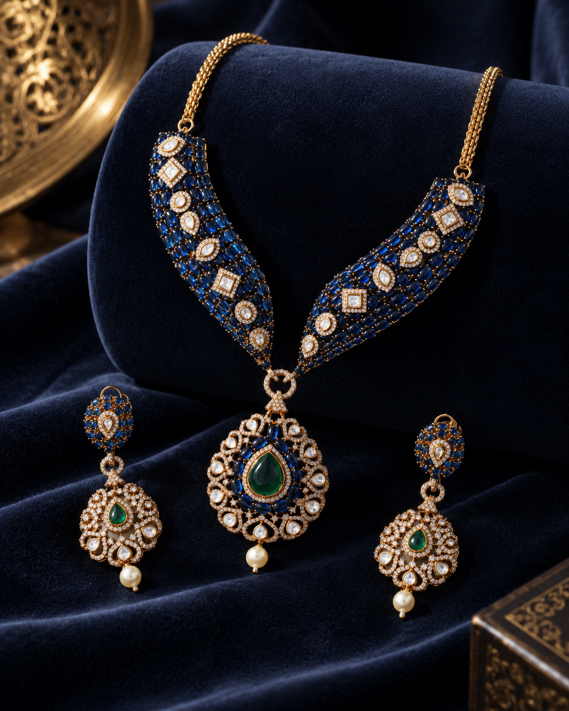 Sapphire Emerald Heritage Gold-Plated American Diamond Necklace Set