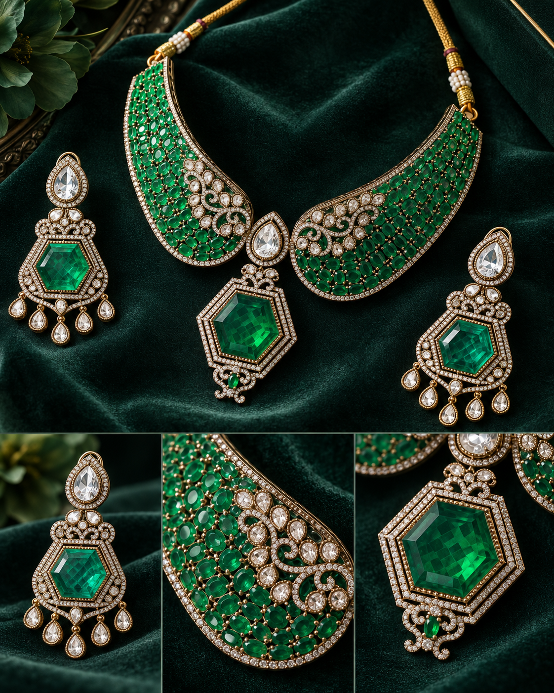 Emerald Geometric Gold-Plated American Diamond Necklace Set