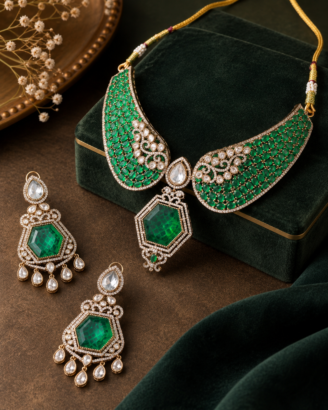 Emerald Geometric Gold-Plated American Diamond Necklace Set