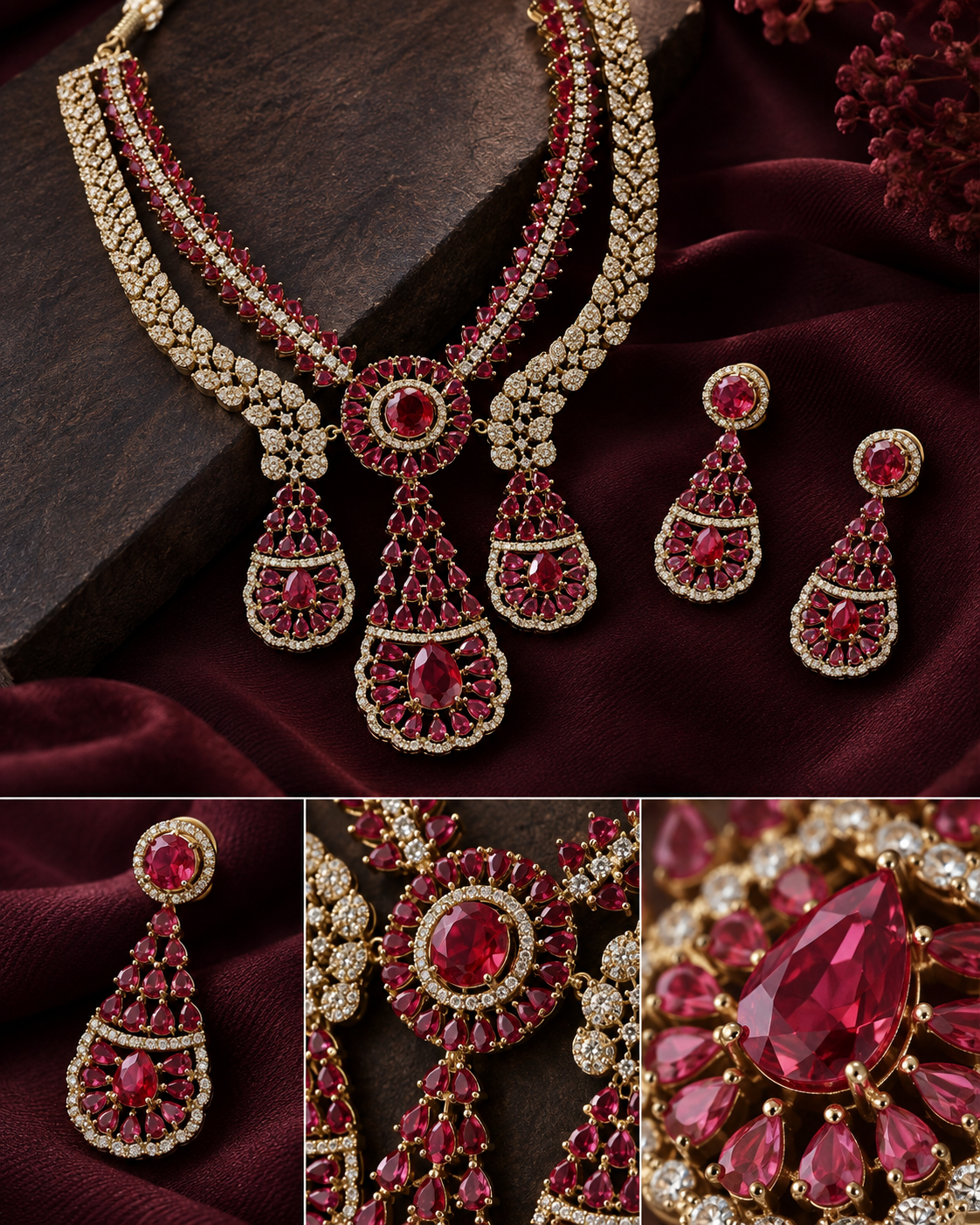 Ruby Royale Layered Gold-Plated American Diamond Necklace Set
