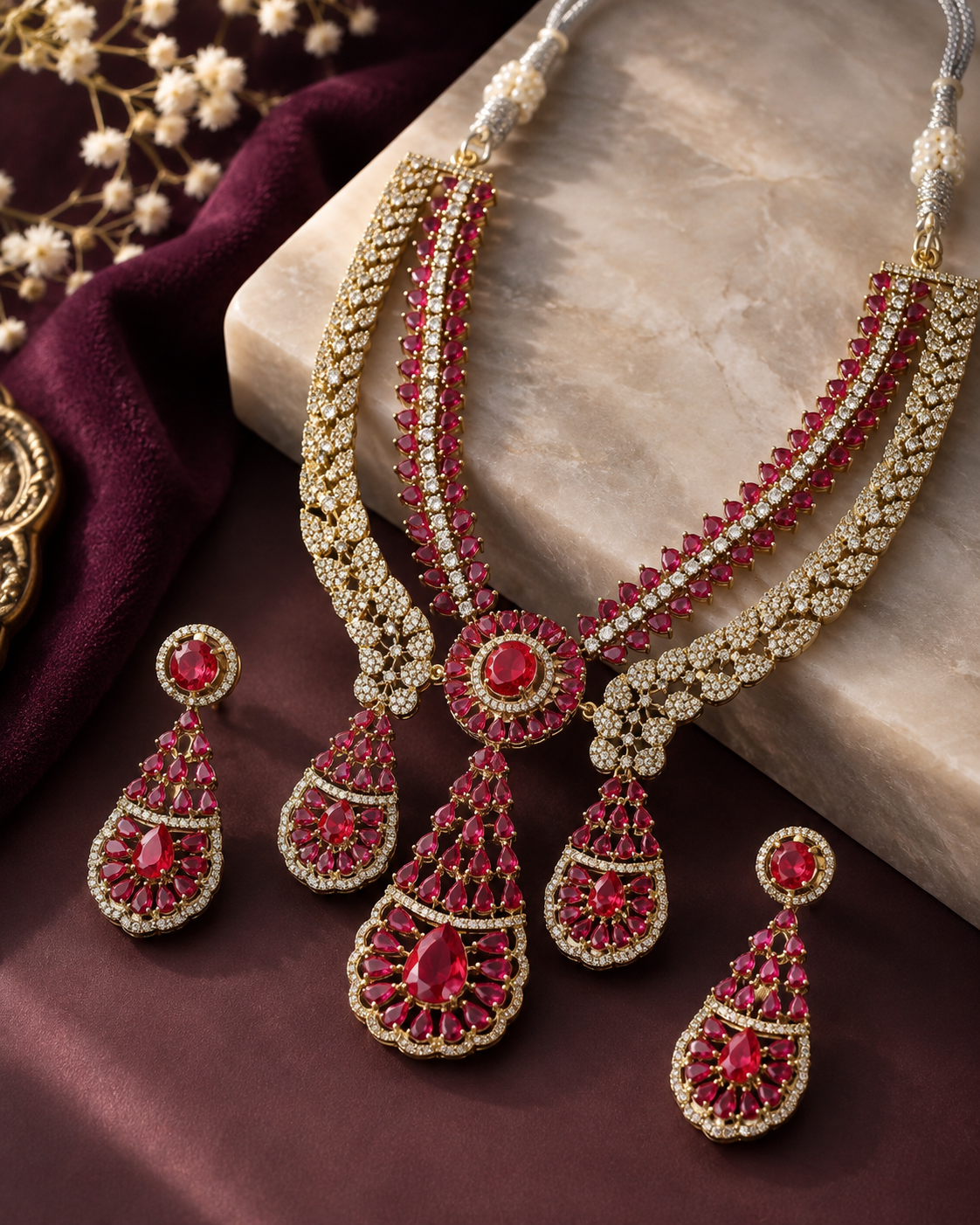 Ruby Royale Layered Gold-Plated American Diamond Necklace Set