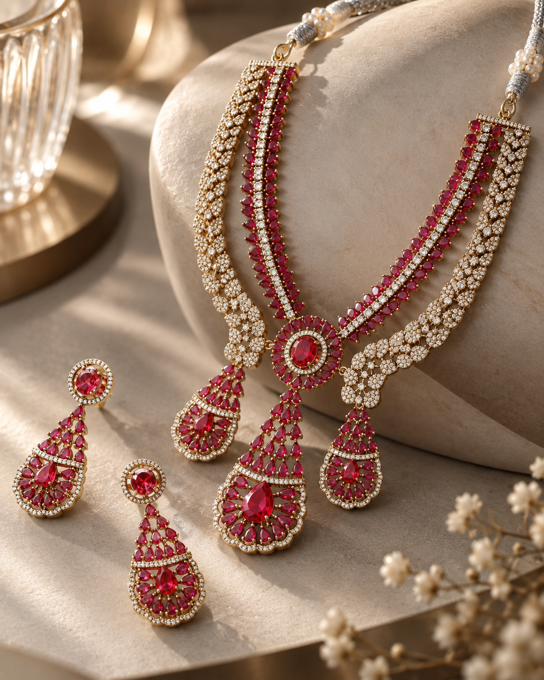 Ruby Royale Layered Gold-Plated American Diamond Necklace Set