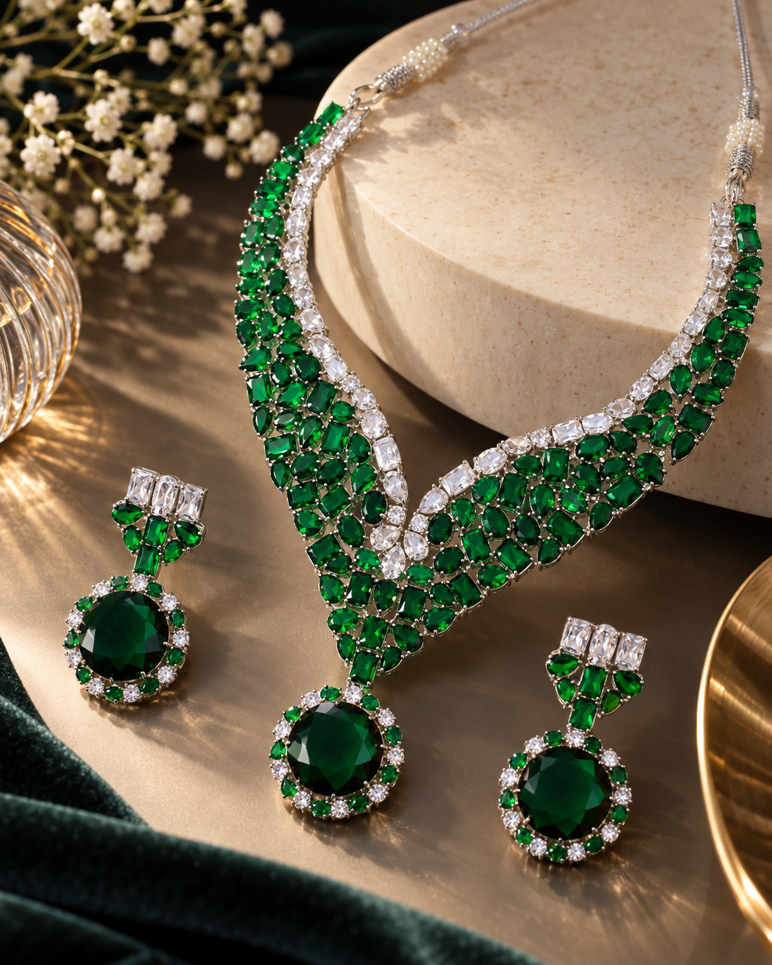 Emerald Radiance American Diamond Statement Necklace Set