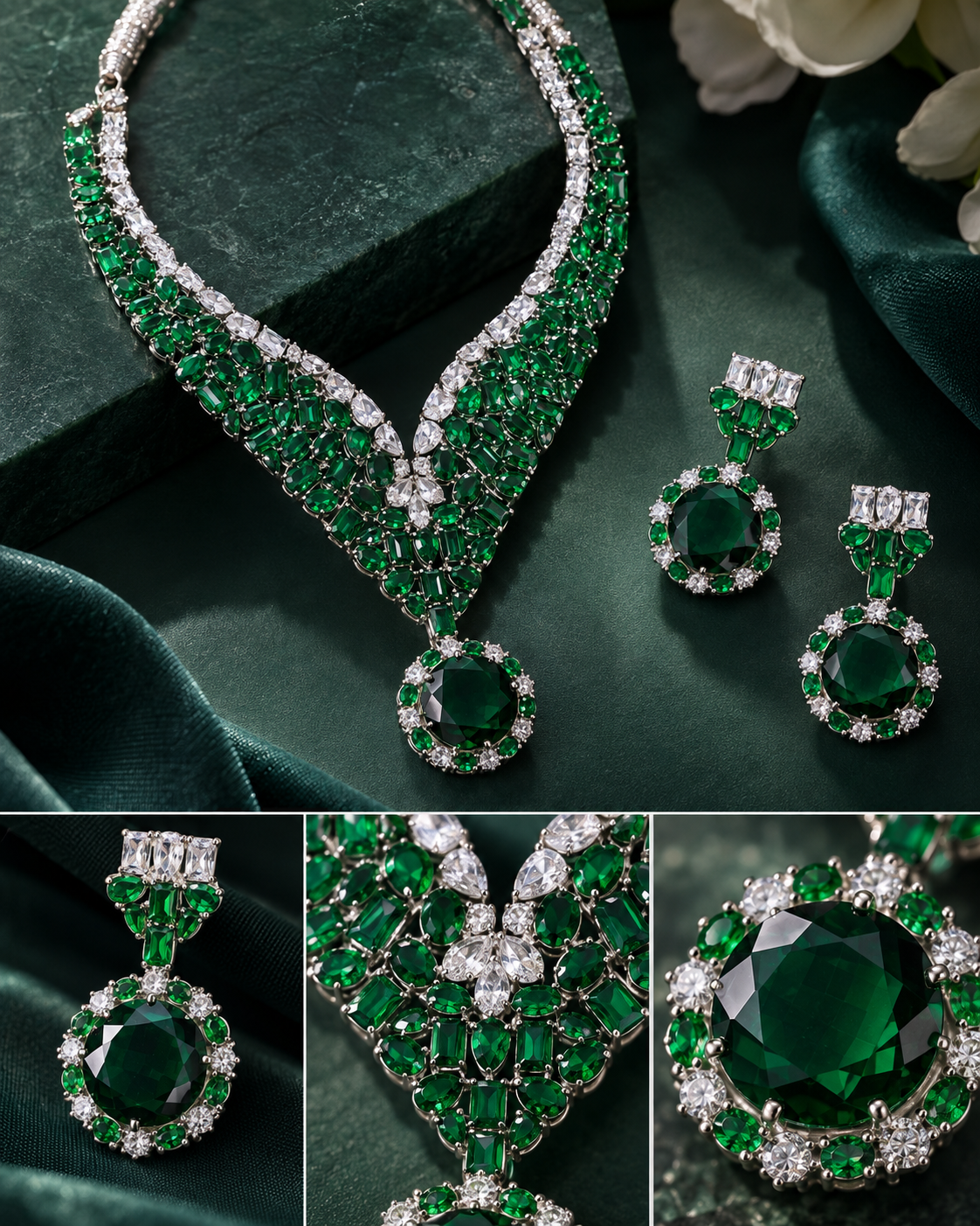 Emerald Radiance American Diamond Statement Necklace Set