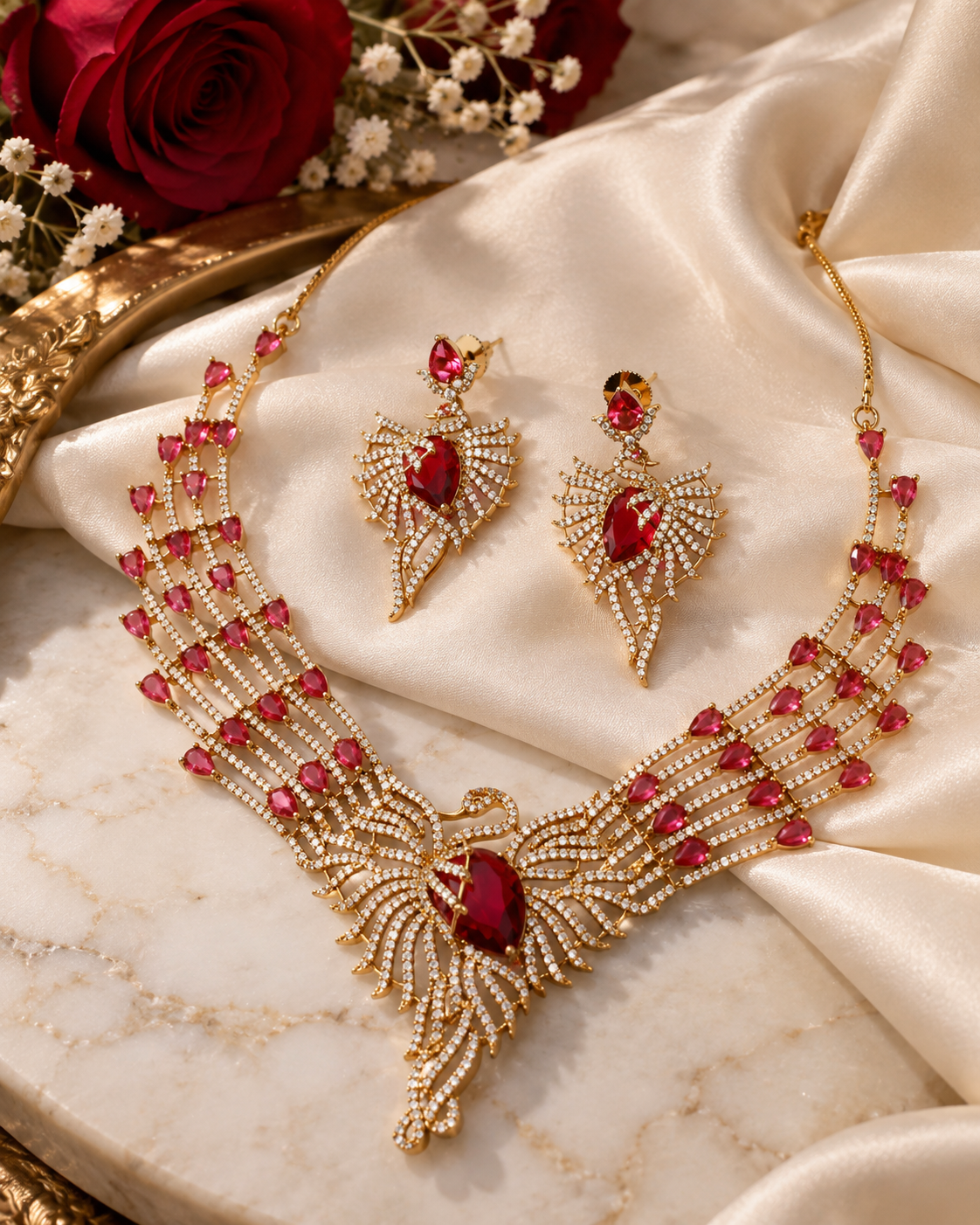 Ruby Flame Gold-Plated American Diamond Necklace Set