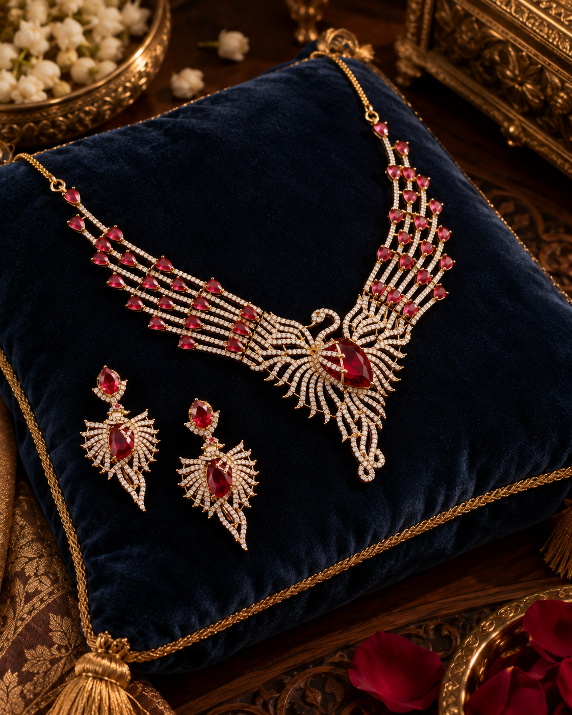 Ruby Flame Gold-Plated American Diamond Necklace Set