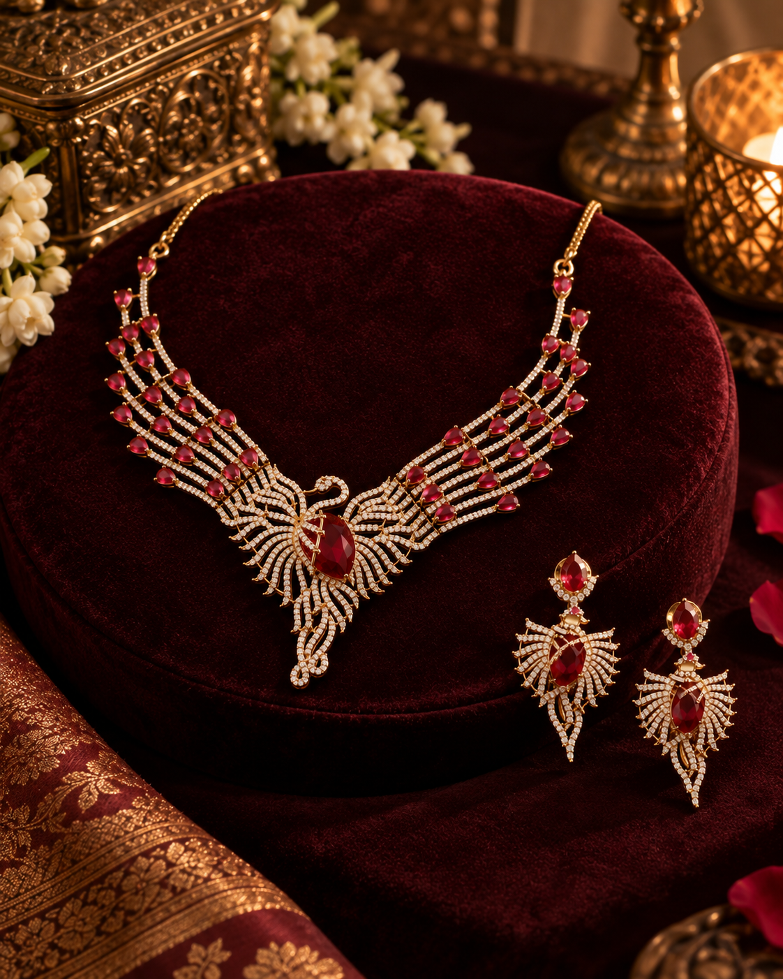 Ruby Flame Gold-Plated American Diamond Necklace Set