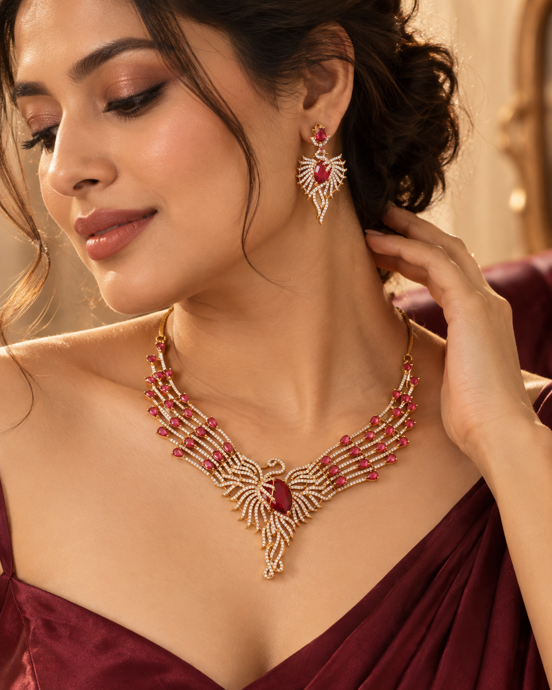 Ruby Flame Gold-Plated American Diamond Necklace Set