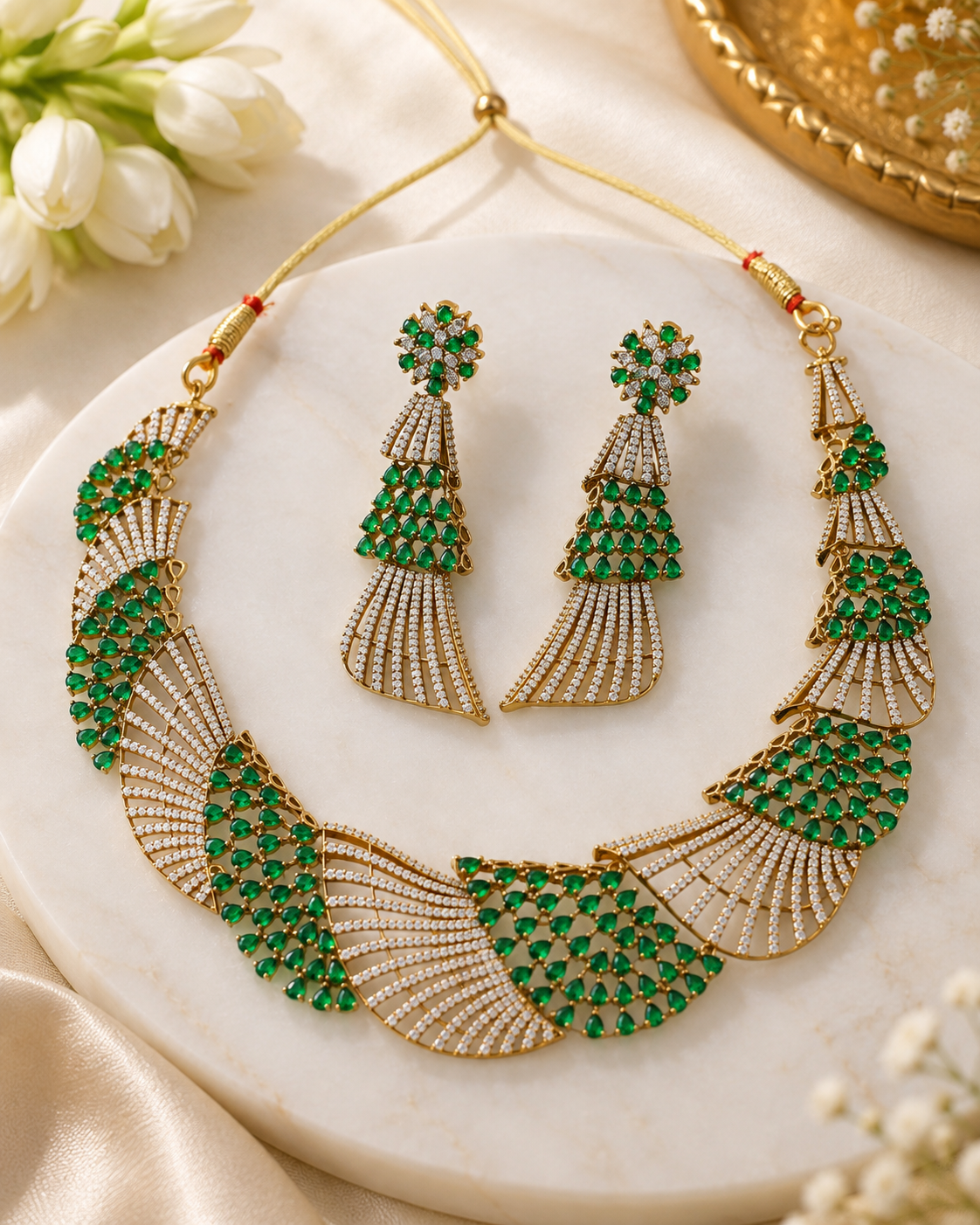 Emerald Fanwork Gold-Plated American Diamond Necklace Set