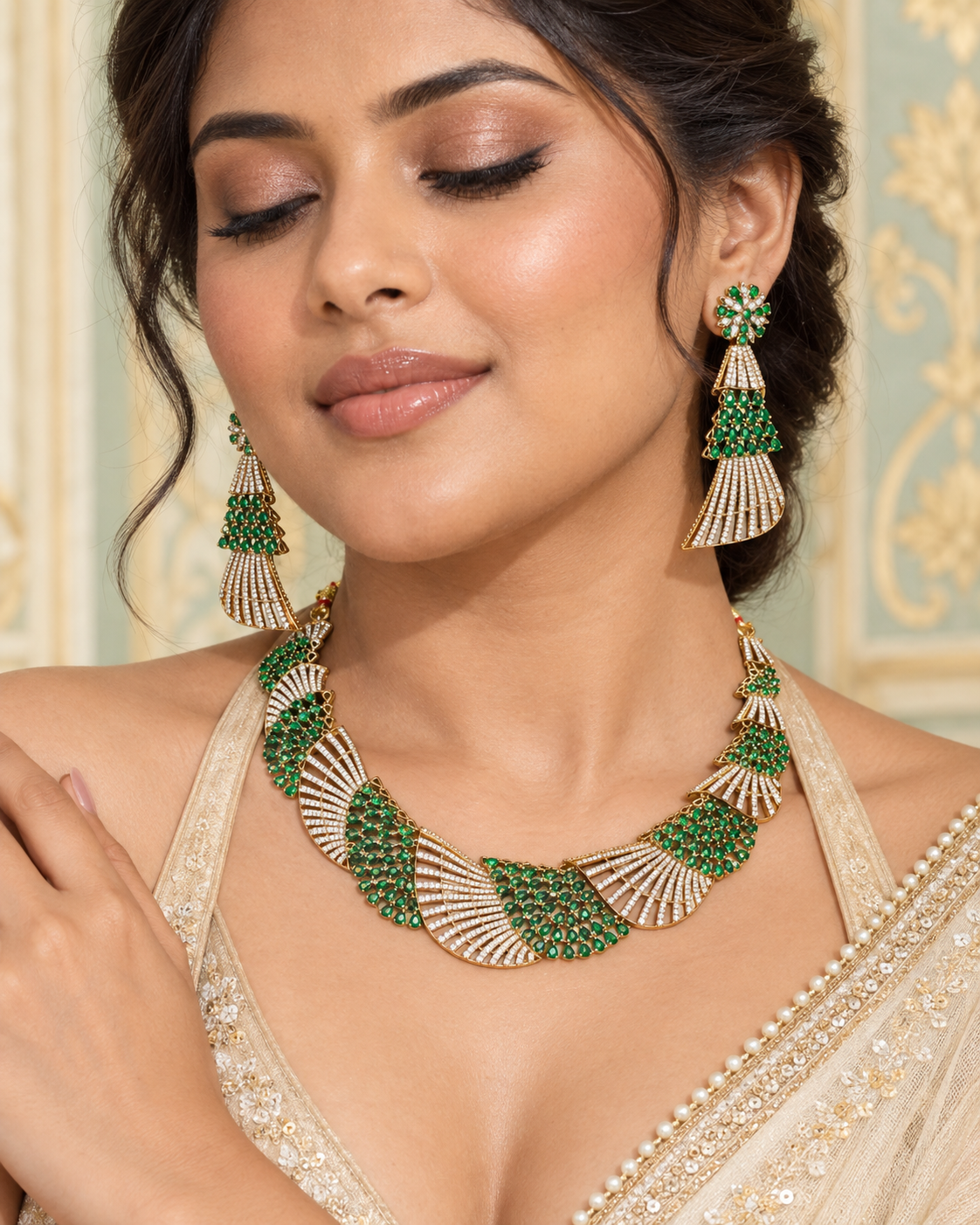 Emerald Fanwork Gold-Plated American Diamond Necklace Set