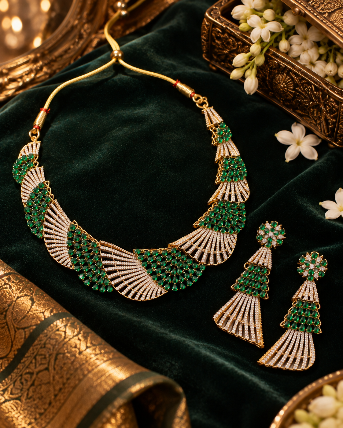 Emerald Fanwork Gold-Plated American Diamond Necklace Set
