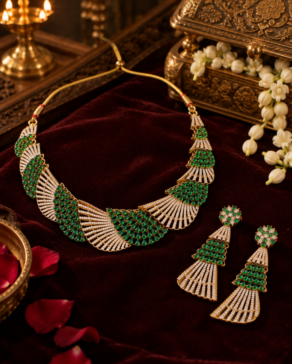 Emerald Fanwork Gold-Plated American Diamond Necklace Set