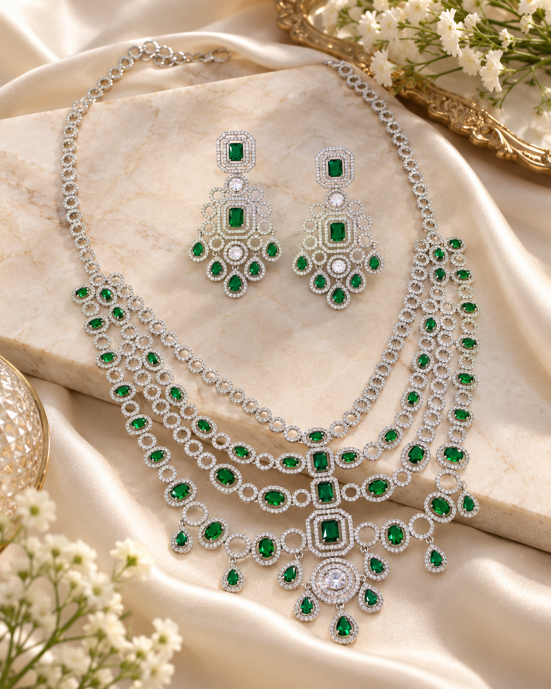 Emerald Layered American Diamond Chandelier Necklace Set