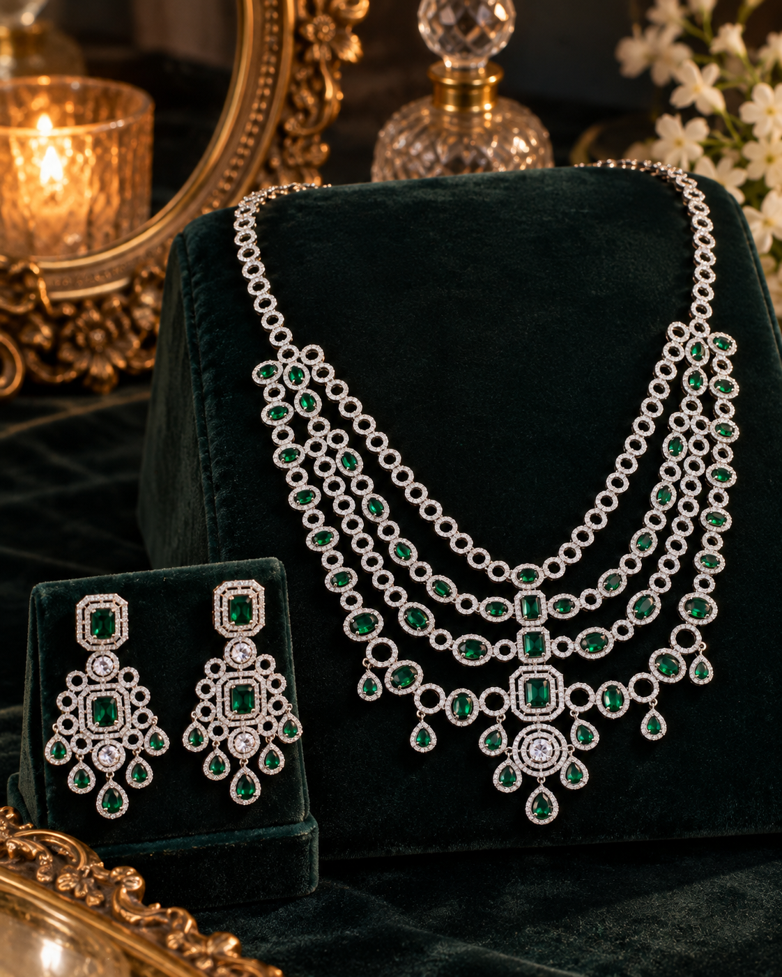 Emerald Layered American Diamond Chandelier Necklace Set