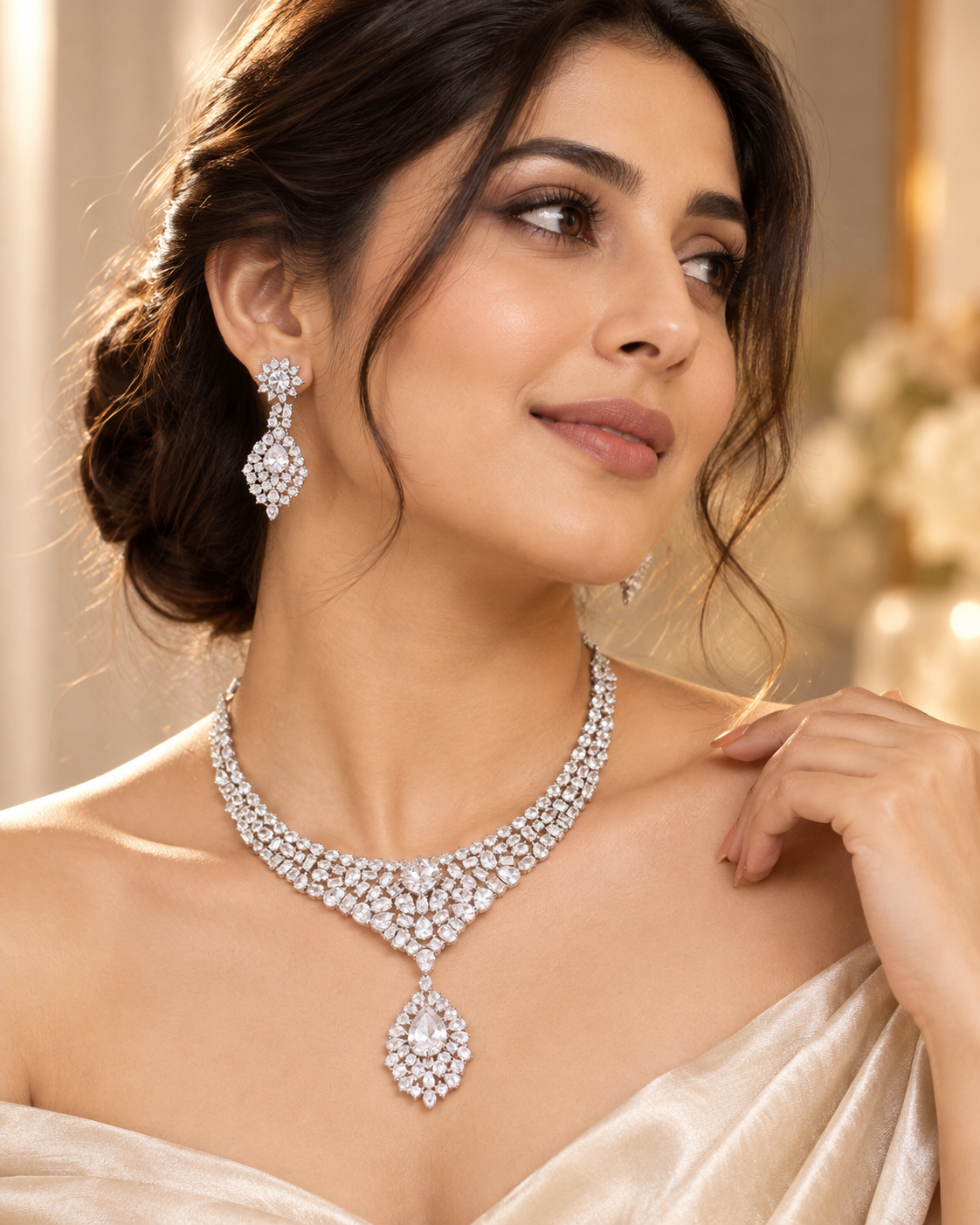 Crystal Cascade American Diamond Necklace Set