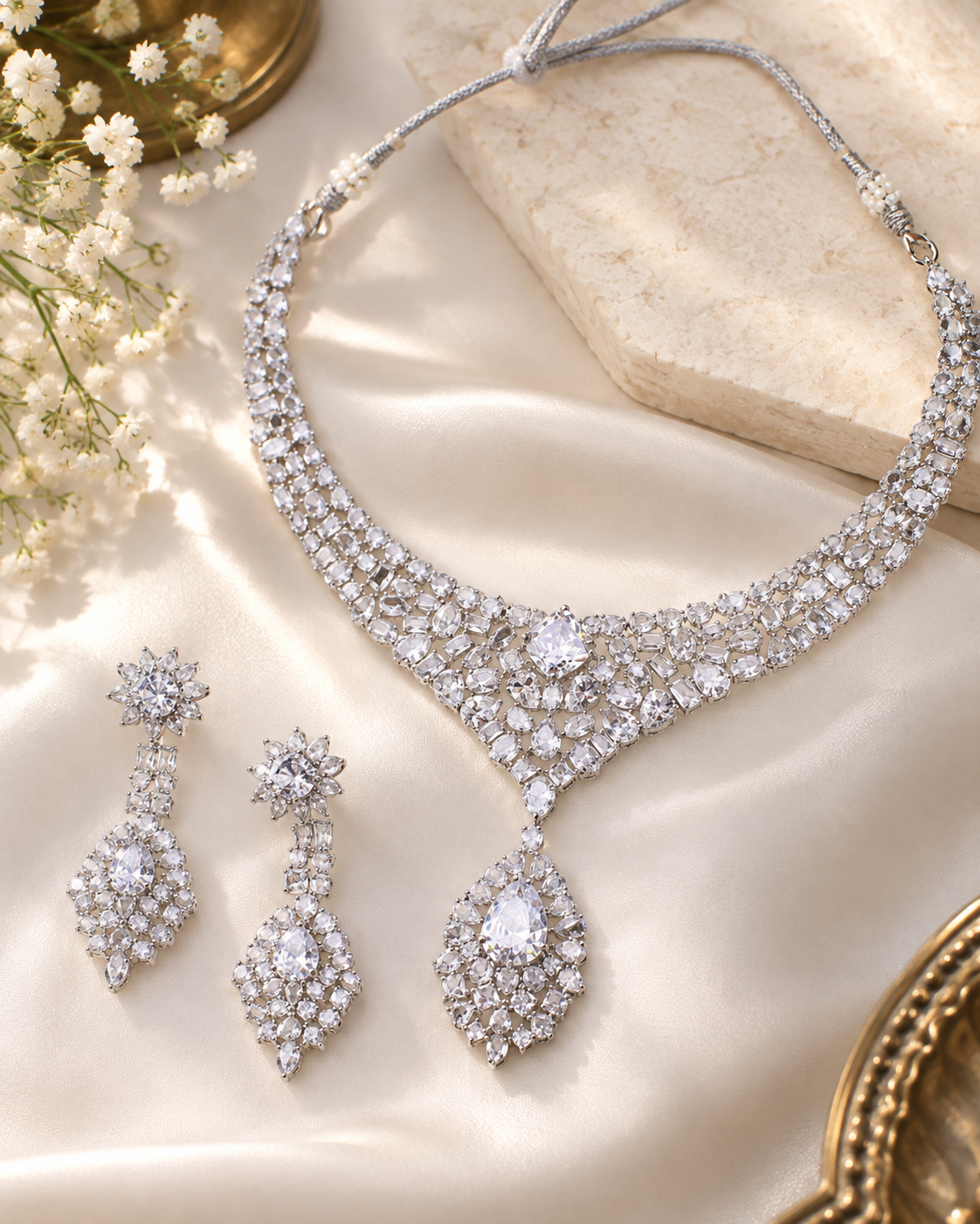 Crystal Cascade American Diamond Necklace Set