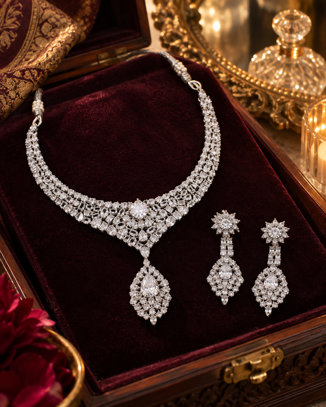 Crystal Cascade American Diamond Necklace Set