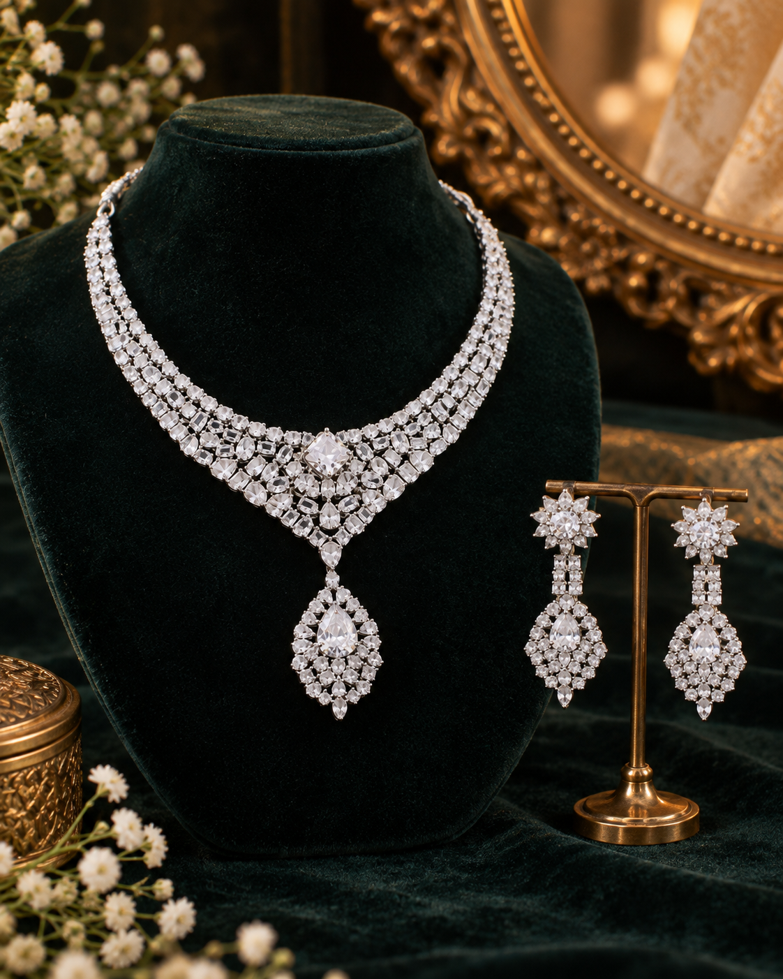 Crystal Cascade American Diamond Necklace Set