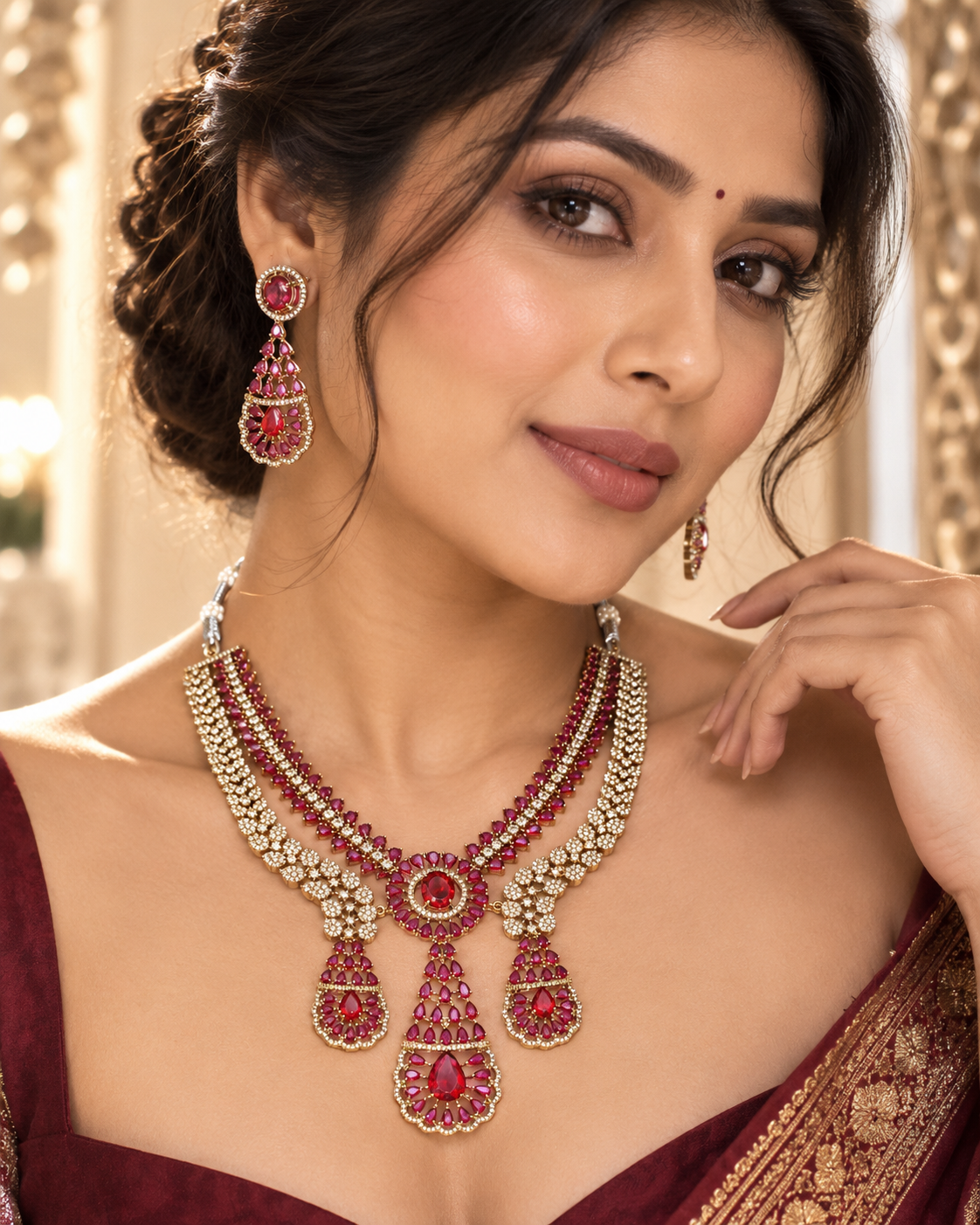 Ruby Royale Layered Gold-Plated American Diamond Necklace Set