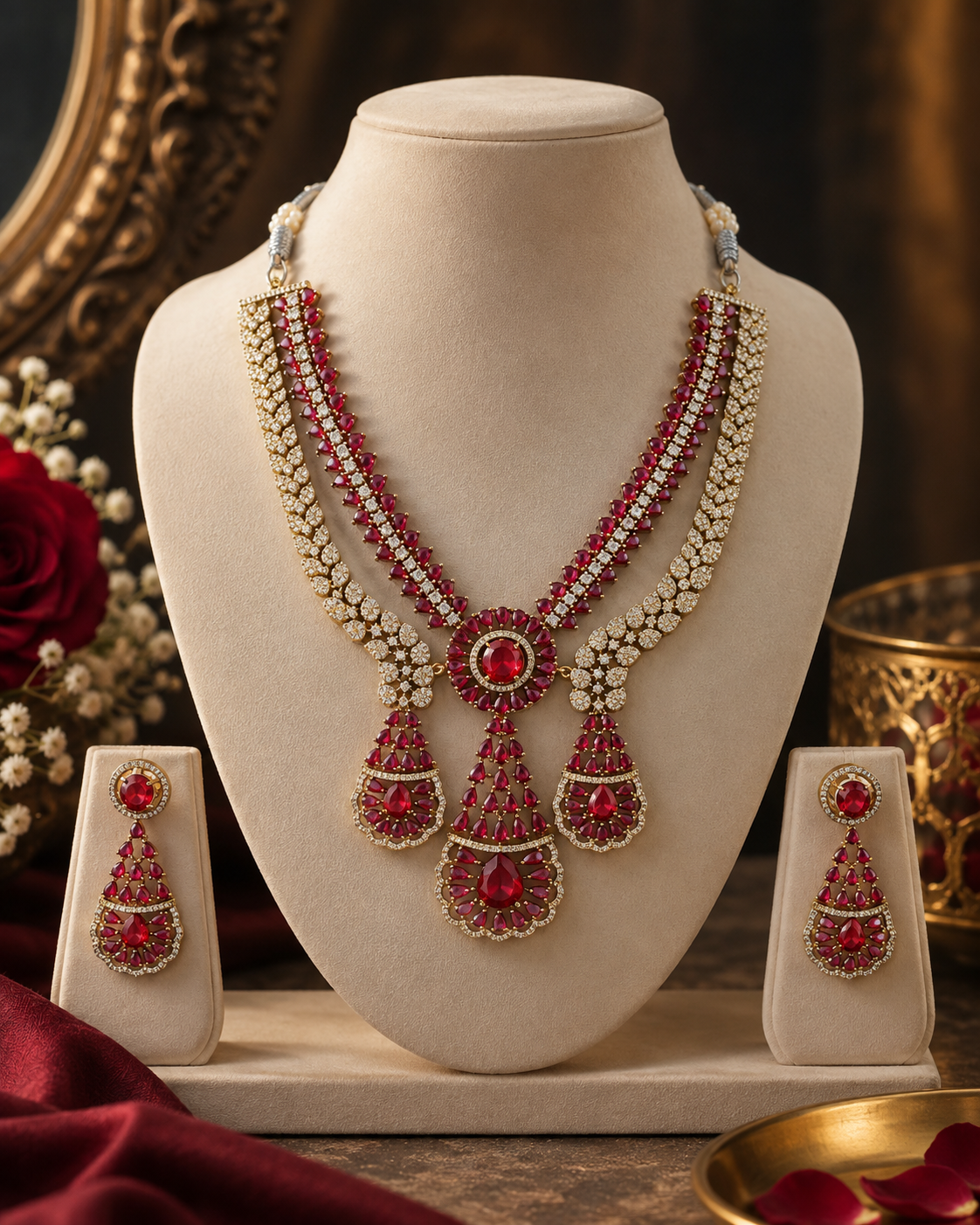 Ruby Royale Layered Gold-Plated American Diamond Necklace Set