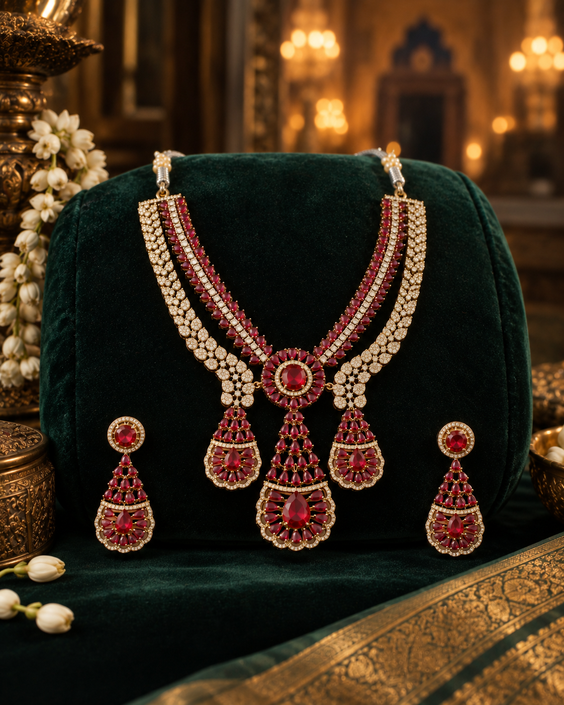 Ruby Royale Layered Gold-Plated American Diamond Necklace Set