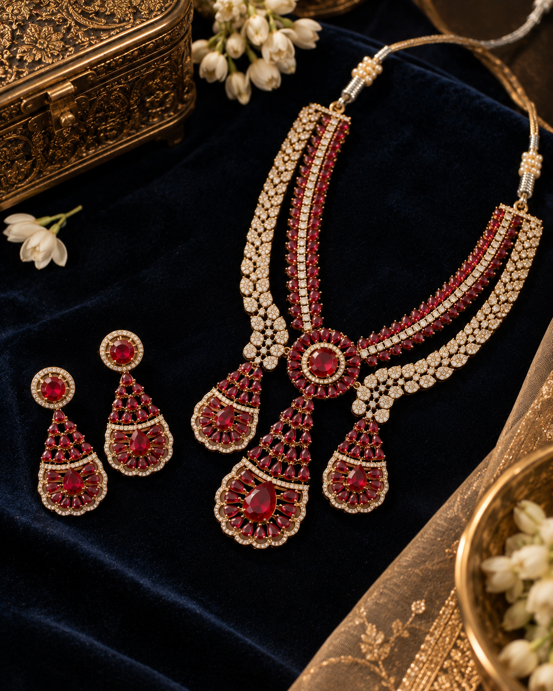 Ruby Royale Layered Gold-Plated American Diamond Necklace Set